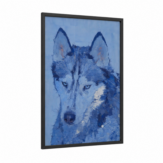 Frosty Husky framed art print — black wood frame — blue and white palette