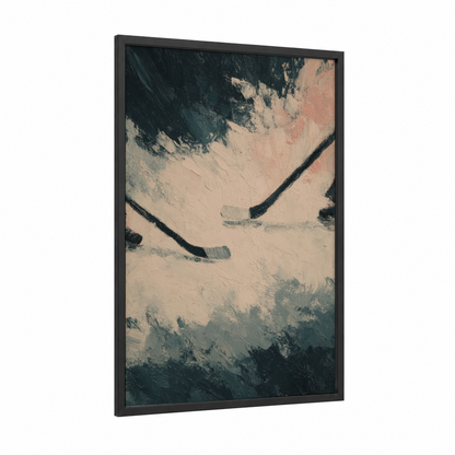 Frozen Rink framed ice hockey print — black wood frame — beige and black and white palette