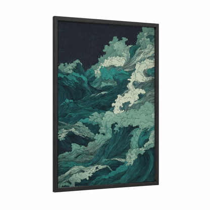 Emerald Ocean Waves framed seascapes and ocean print — black wood frame — teal and white palette