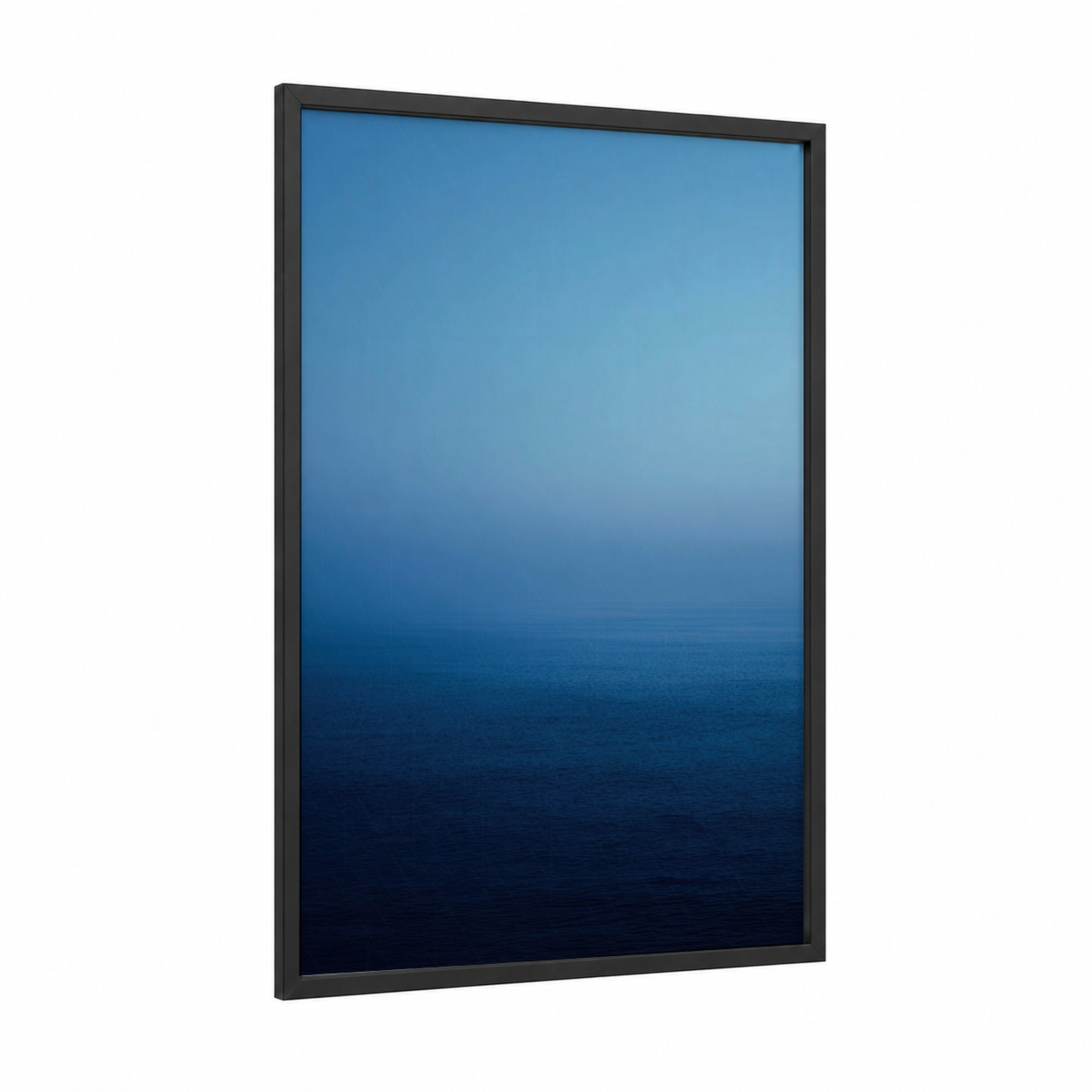 Misty Ocean Horizon framed seascapes and ocean print — black wood frame — blue and blue and white palette