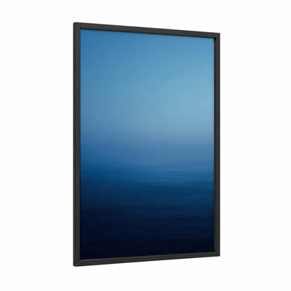 Misty Ocean Horizon framed seascapes and ocean print — black wood frame — blue and blue and white palette