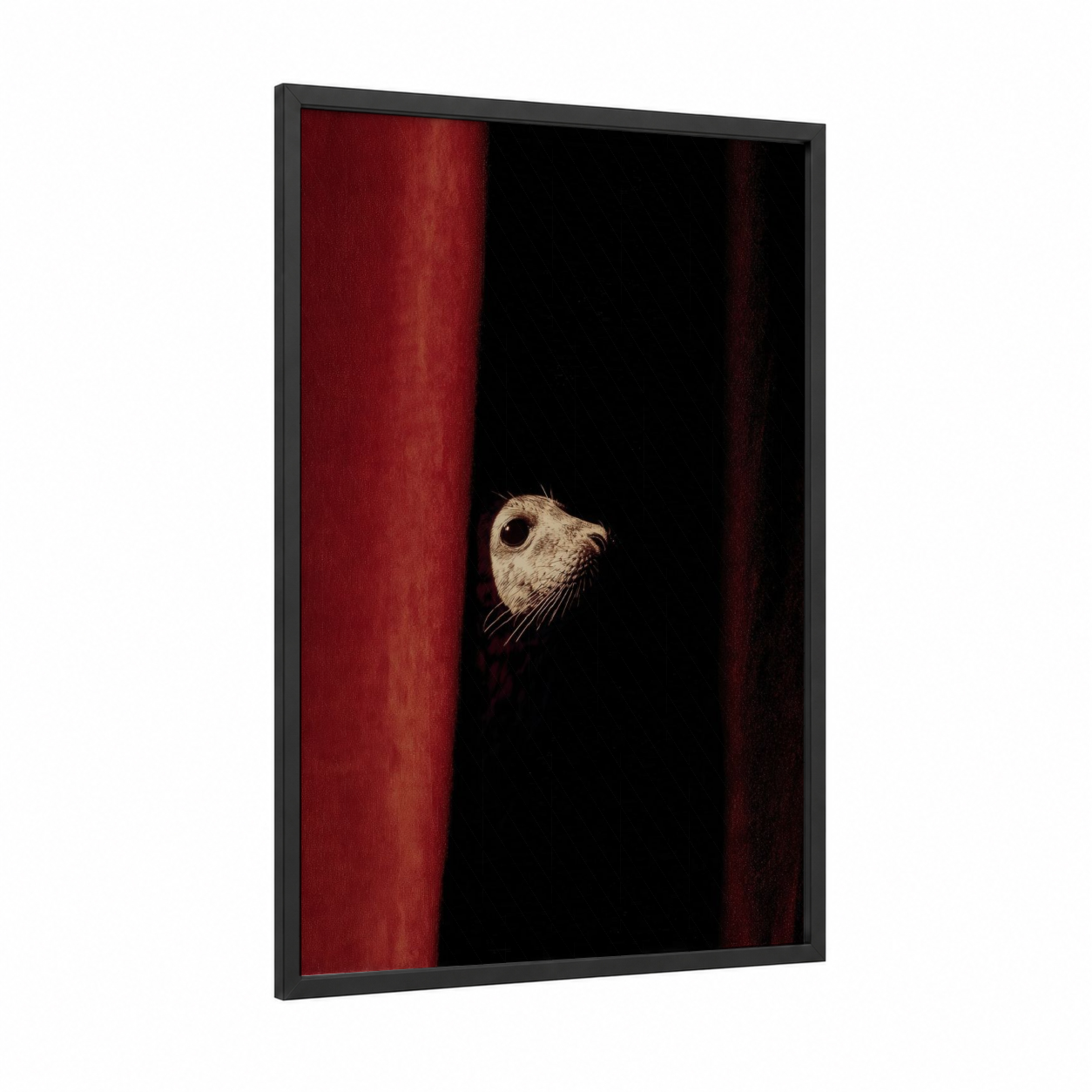 Curious Seal framed art print — black wood frame — maroon and black palette