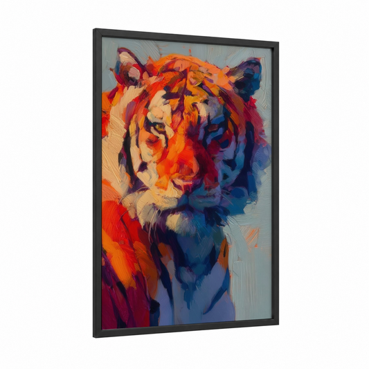 Vibrant Tiger framed art print — black wood frame — orange and blue palette