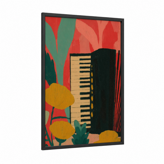 Vintage Accordion Garden framed art print — black wood frame — red and gold palette