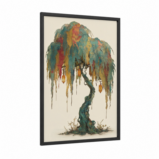 Enchanted Willow framed willow tree print — black wood frame — teal and red palette