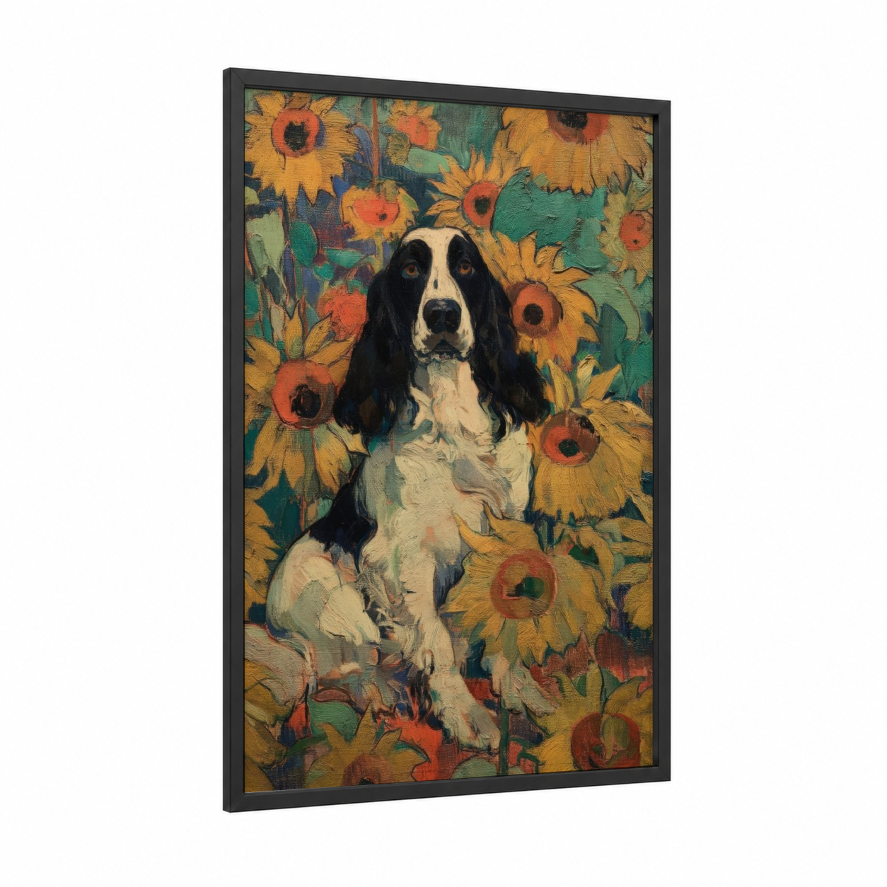 Sunflower Spaniel framed art print — black wood frame — gold and green palette