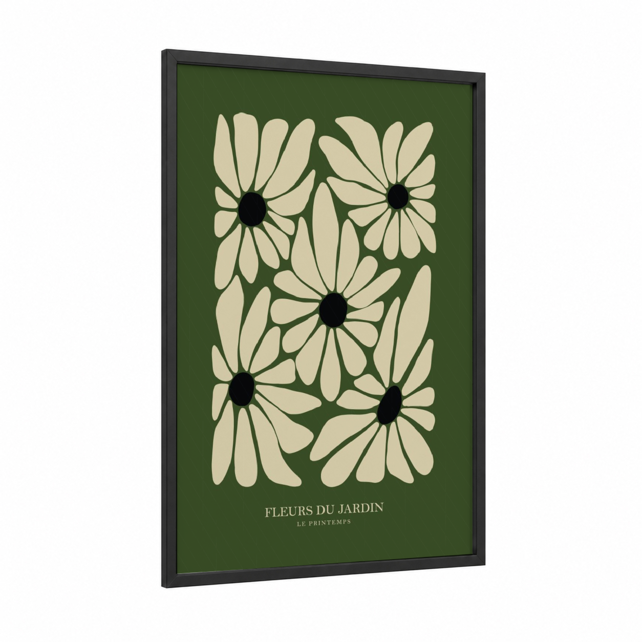 Cream Daisies framed abstract flower print — black wood frame — cream and dark green palette