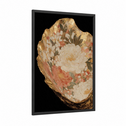 Golden Oyster Shell framed art print — black wood frame — gold and cream palette