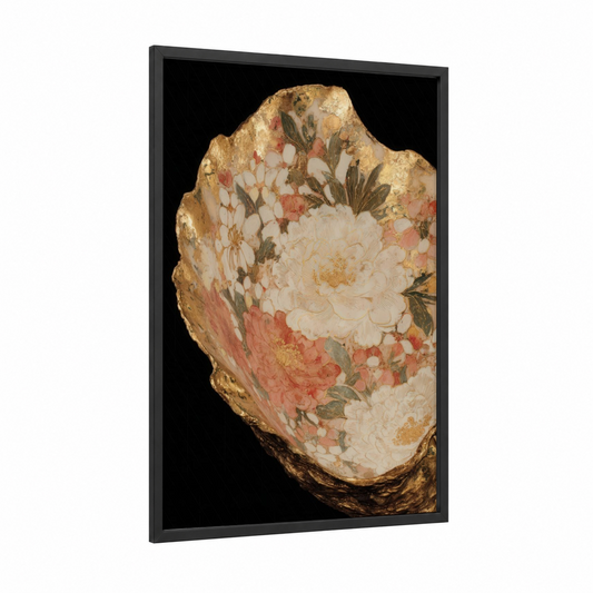 Golden Oyster Shell framed art print — black wood frame — gold and cream palette