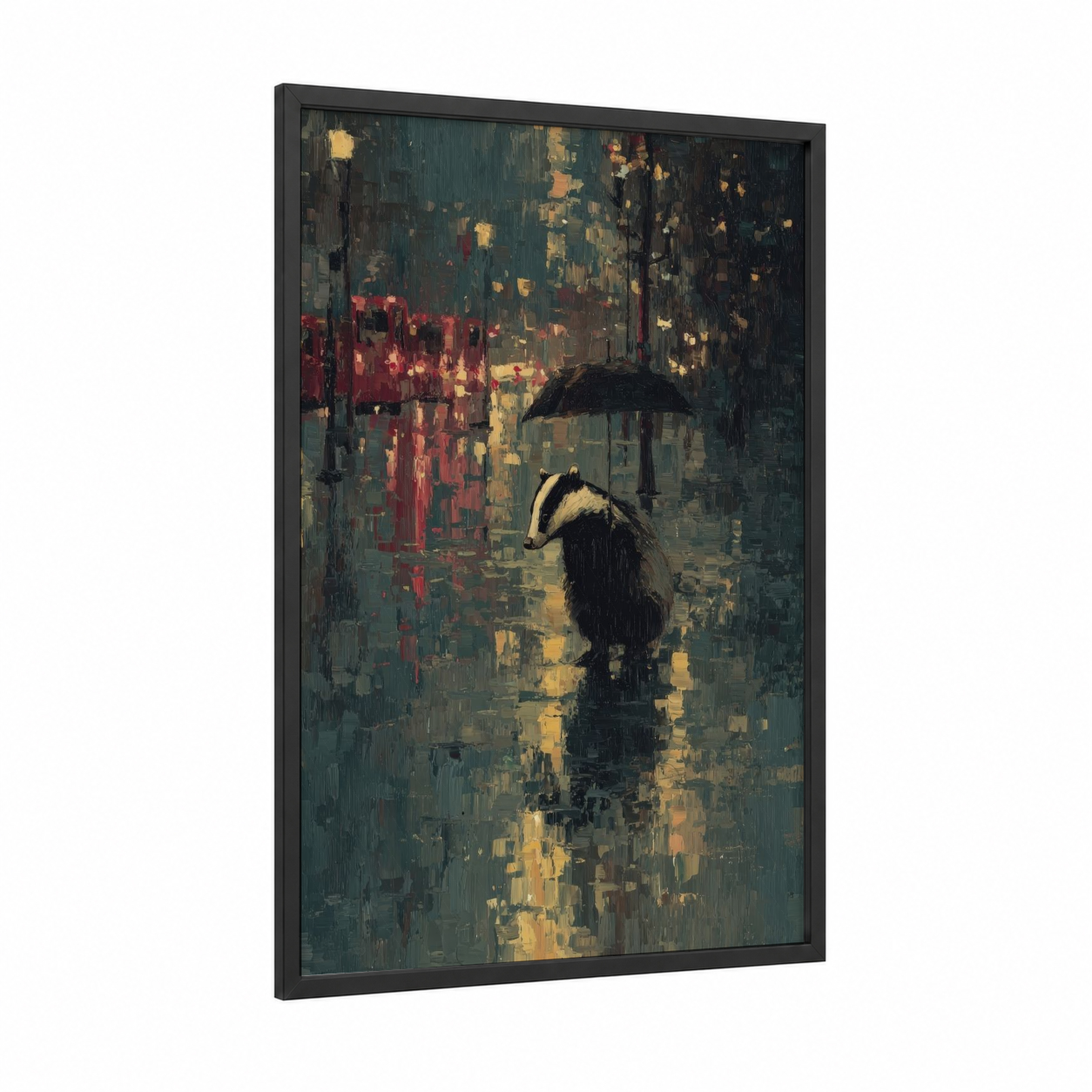 Rainy Badger framed art print — black wood frame — teal and gold palette