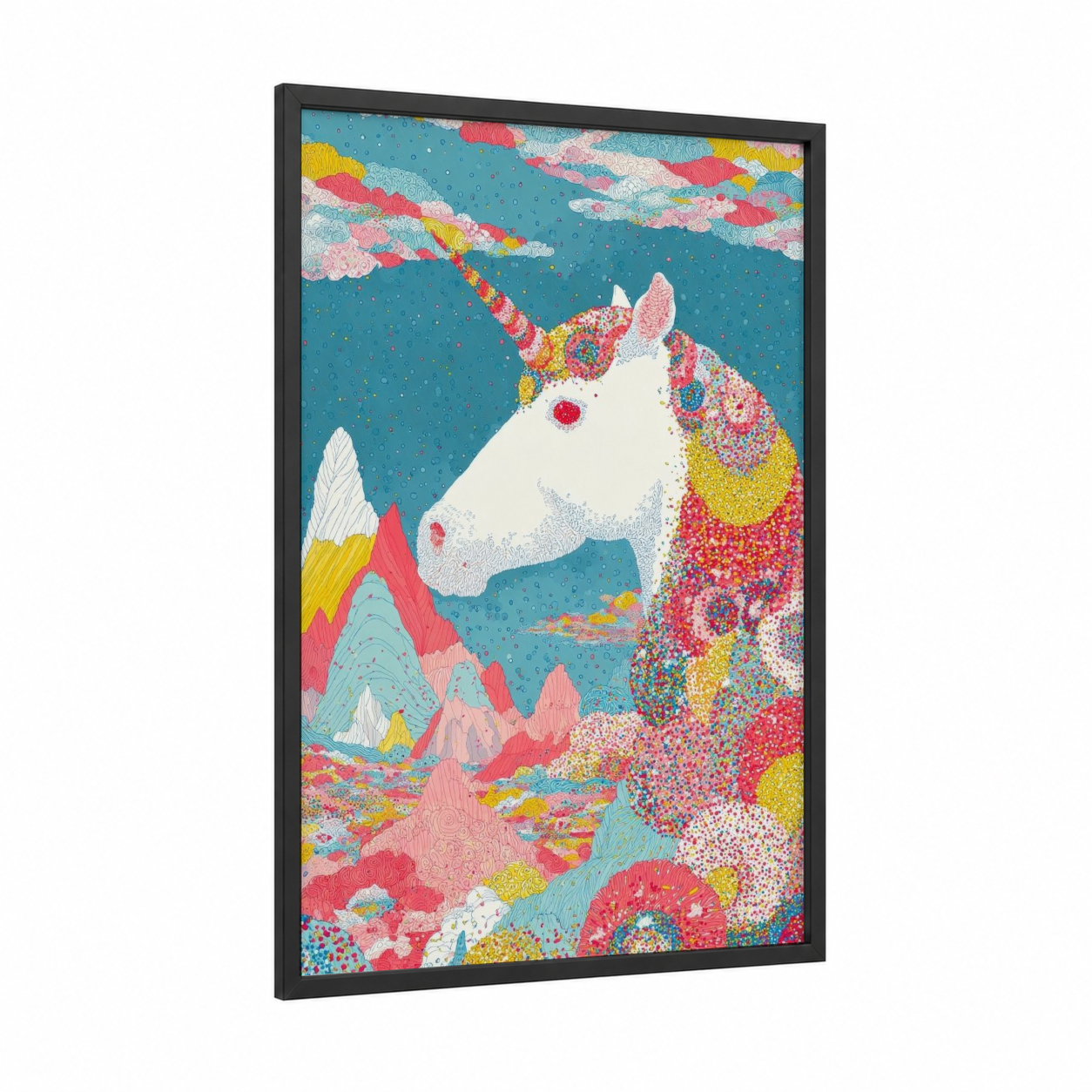 Rainbow Unicorn framed unicorns print — black wood frame — turquoise and magenta palette