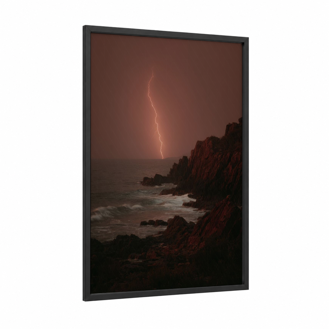 Coastal Storm Lightning framed art print — black wood frame — maroon and gold palette