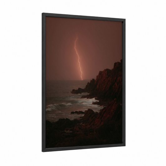 Coastal Storm Lightning framed art print — black wood frame — maroon and gold palette