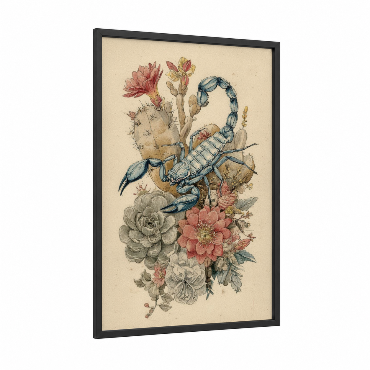 Desert Scorpion Bloom framed scorpions print — black wood frame — cream and pink palette