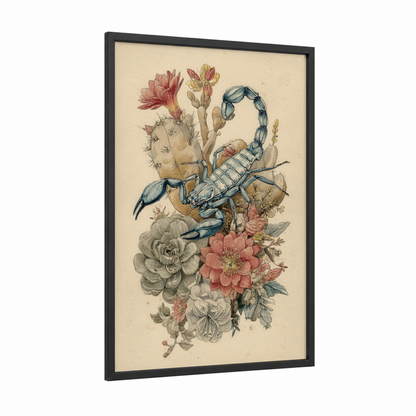 Desert Scorpion Bloom framed scorpions print — black wood frame — cream and pink palette