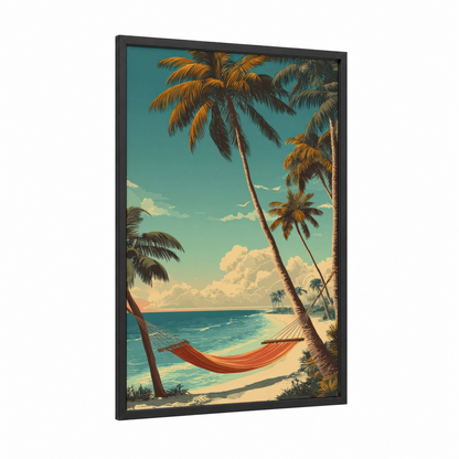 Tropical Hammock Paradise framed sandy beach print — black wood frame — turquoise and gold palette