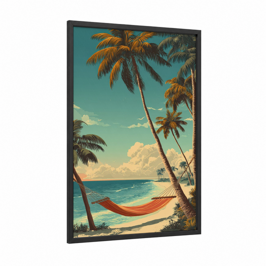 Tropical Hammock Paradise framed sandy beach print — black wood frame — turquoise and gold palette