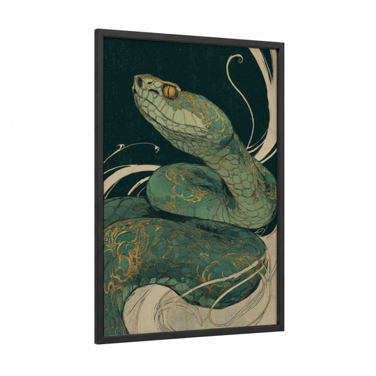Emerald Rattlesnake framed art print — black wood frame — dark green and gold palette