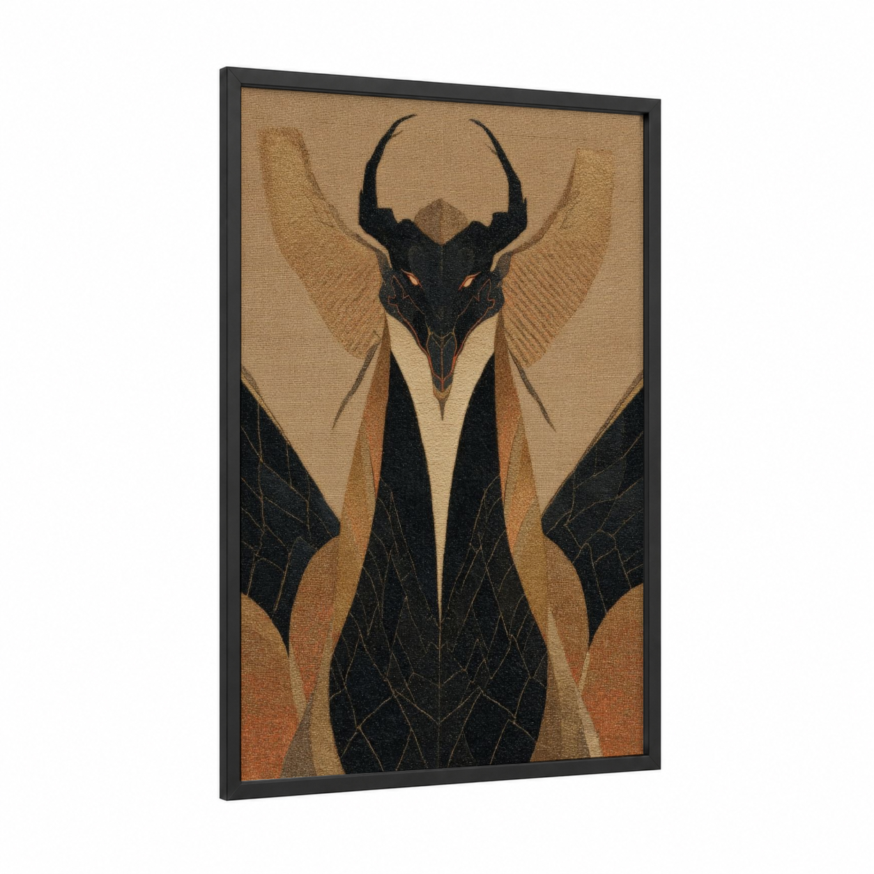 Obsidian Dragon framed art print — black wood frame — black and gold palette