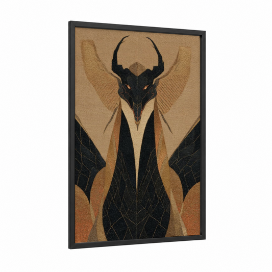Obsidian Dragon framed art print — black wood frame — black and gold palette