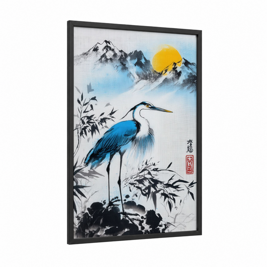 Mountain Heron framed art print — black wood frame — blue and gold palette