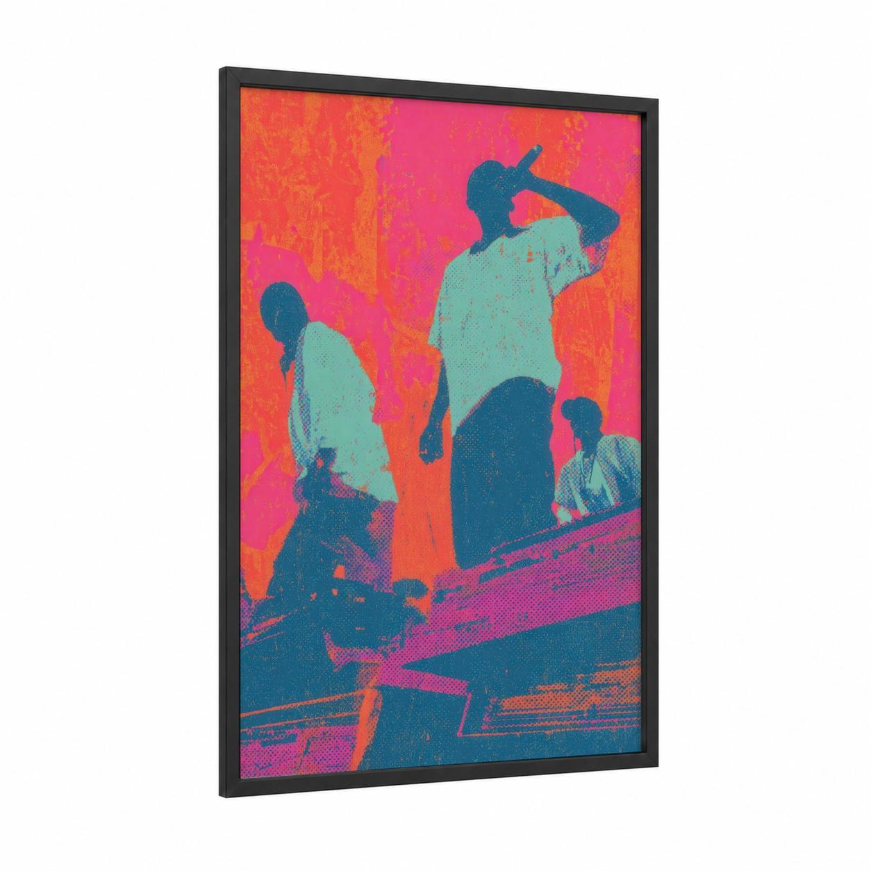 Urban Cipher Vibes framed hiphop print — black wood frame — magenta and orange palette