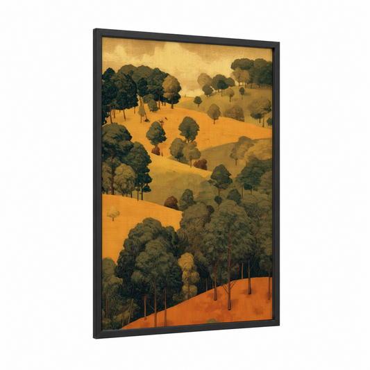 Golden Oak Valley framed oak forest print — black wood frame — gold and dark green palette