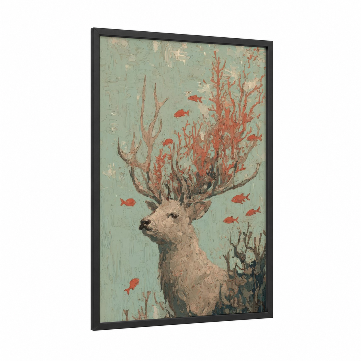 Coral Reindeer framed art print — black wood frame — sage green and russet palette