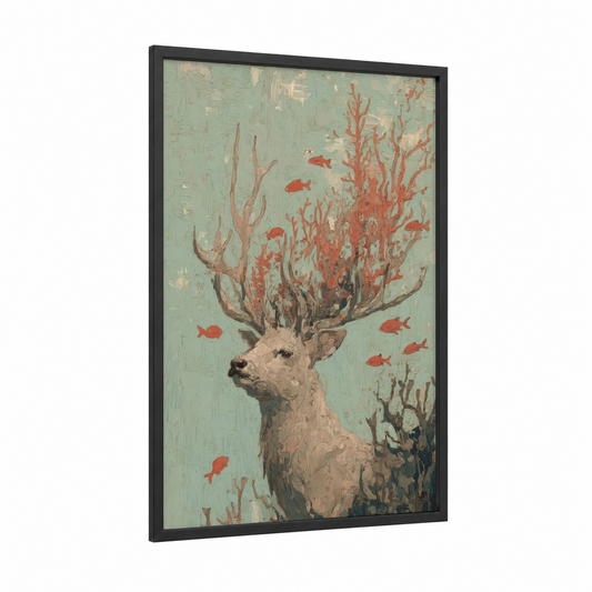 Coral Reindeer framed art print — black wood frame — sage green and russet palette