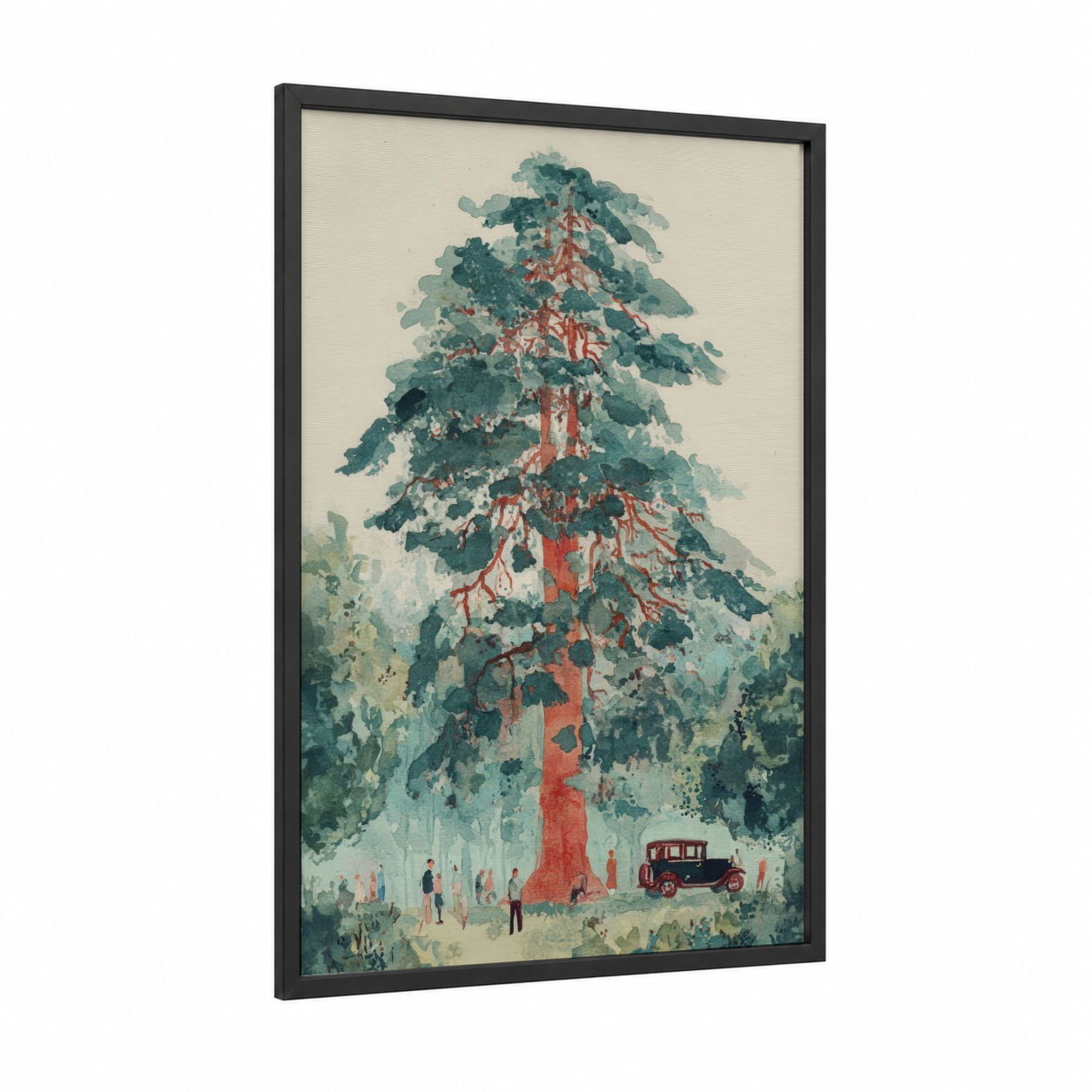 Majestic Redwood framed redwood tree print — black wood frame — sage green and russet palette