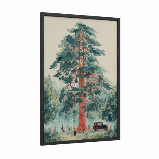 Majestic Redwood framed redwood tree print — black wood frame — sage green and russet palette