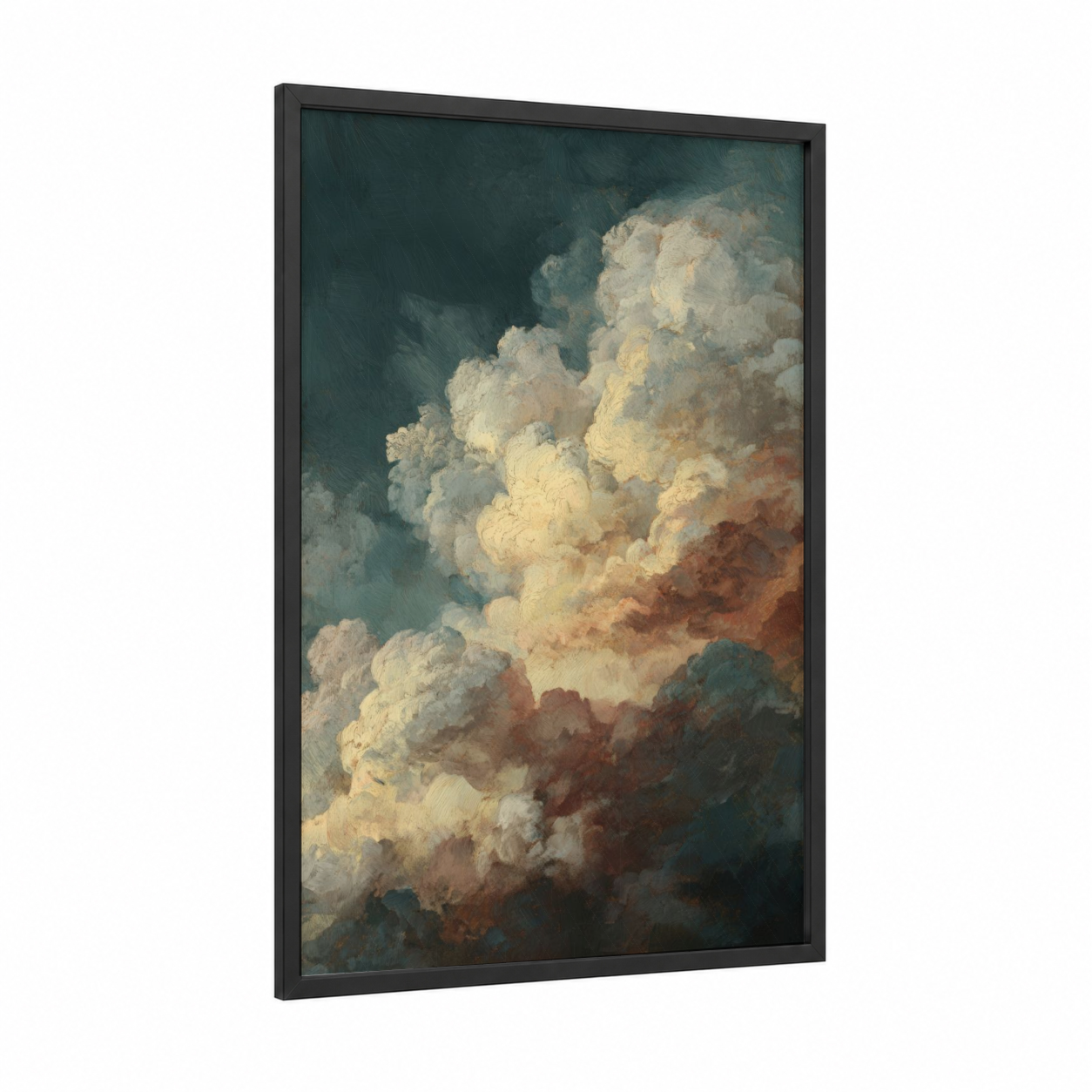 Towering Storm framed art print — black wood frame — gold and teal palette