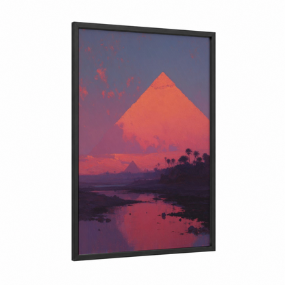 Crimson Pyramid Sunset framed great pyramid of giza print — black wood frame — orange and purple palette
