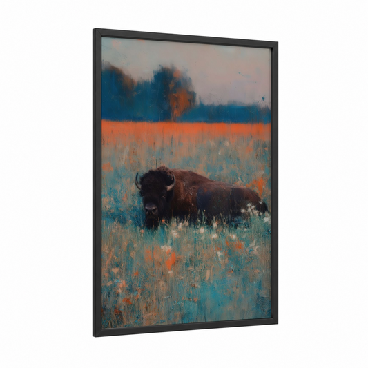 Prairie Bison framed art print — black wood frame — orange and blue palette