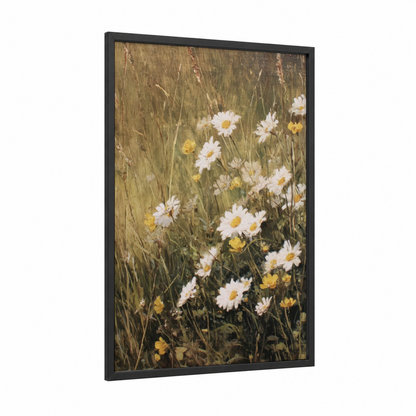 Daisy Meadow framed flower field print — black wood frame — white and green palette
