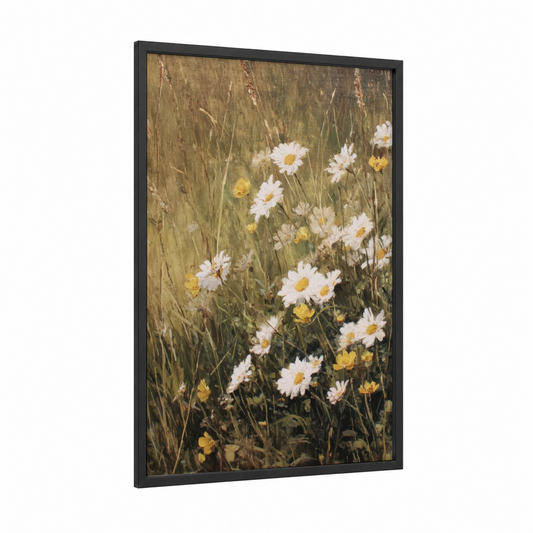 Daisy Meadow framed flower field print — black wood frame — white and green palette