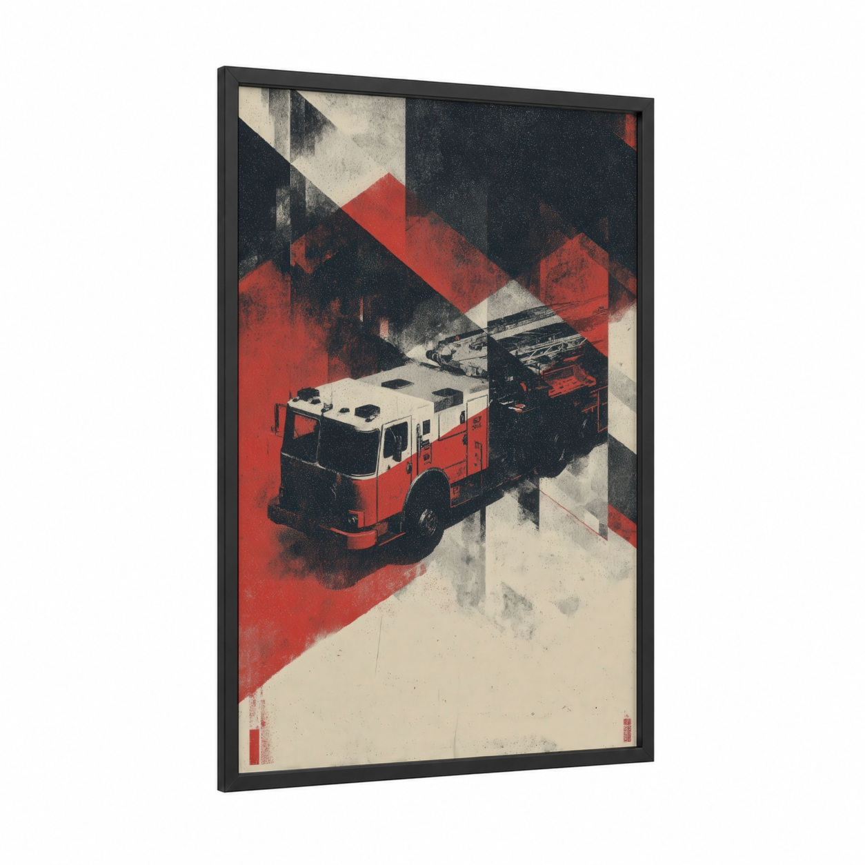 Isometric Fire Engine framed art print — black wood frame — red and cream palette