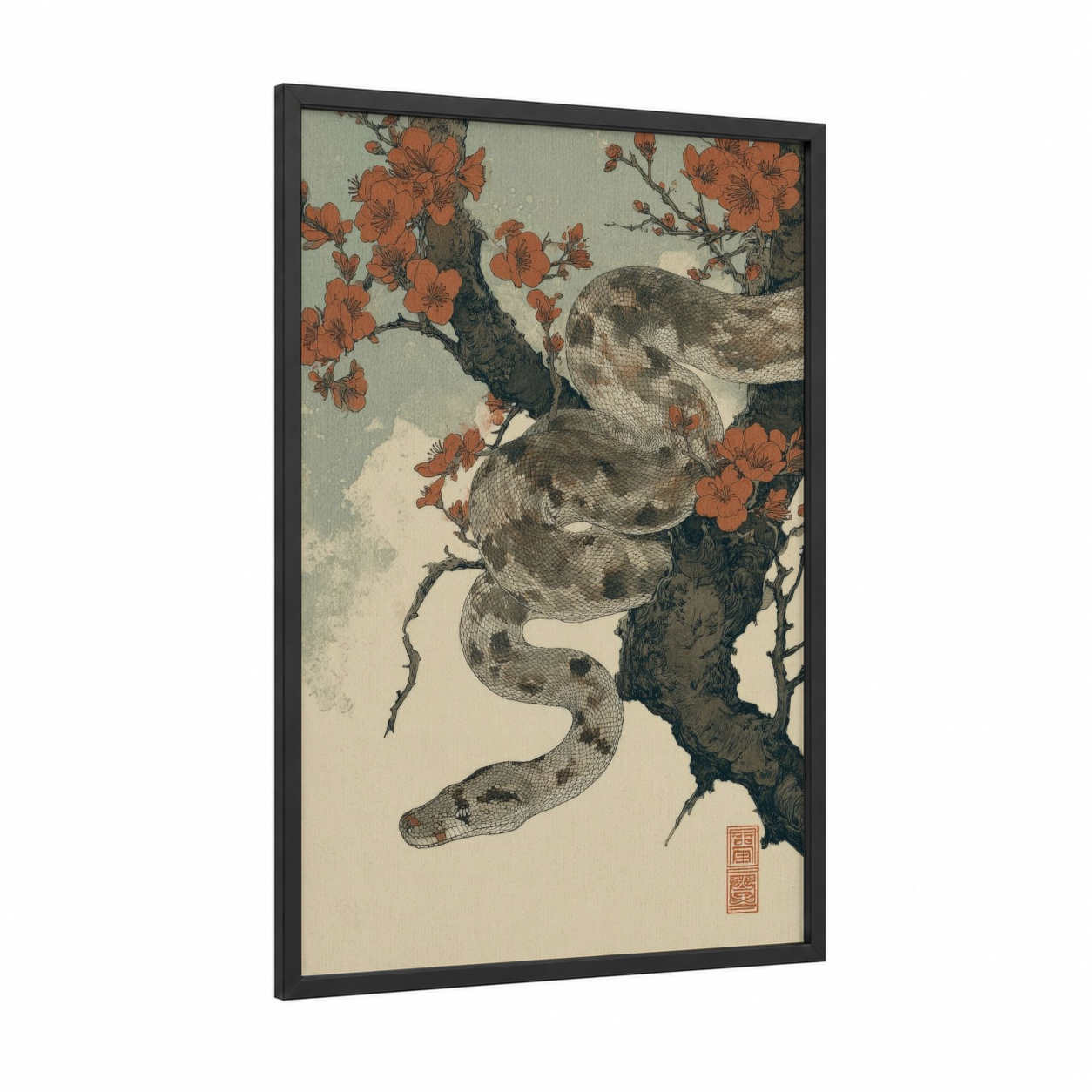 Blossom Serpent framed boa constrictor print — black wood frame — cream and russet palette