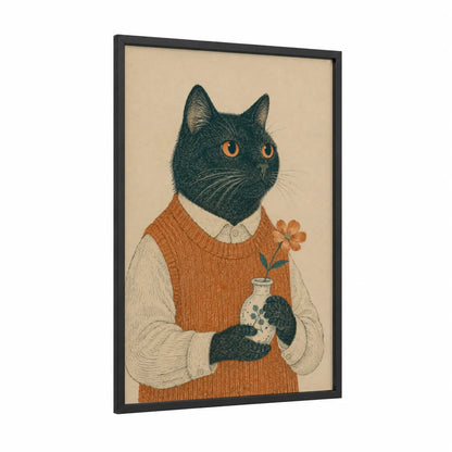 Black Cat With Flower Vase Wall Art framed art print — black wood frame — orange and cream palette