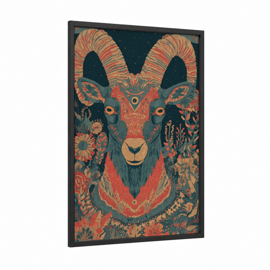 Ornamental Capricorn framed art print — black wood frame — teal and orange palette