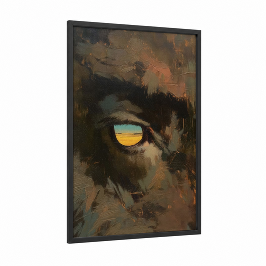 Golden-Eyed Bison framed art print — black wood frame — gold and brown palette
