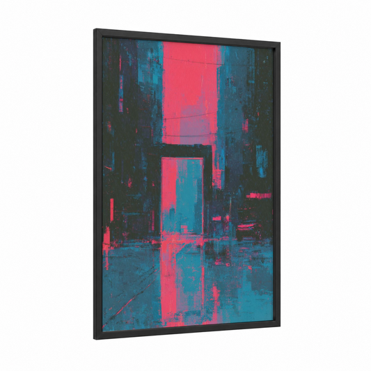 Neon Gateway framed art print — black wood frame — magenta and blue palette