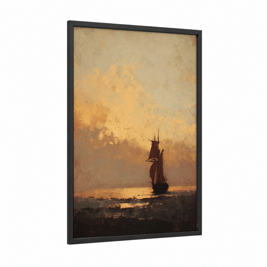 Golden Hour Sailing framed sunset print — black wood frame — gold and cream palette