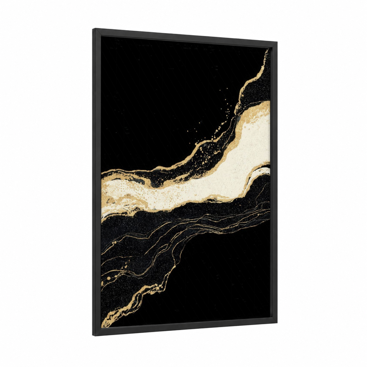 Golden Marble Flow framed classical print — black wood frame — black and gold and cream palette