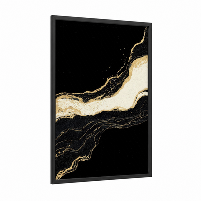 Golden Marble Flow framed classical print — black wood frame — black and gold and cream palette