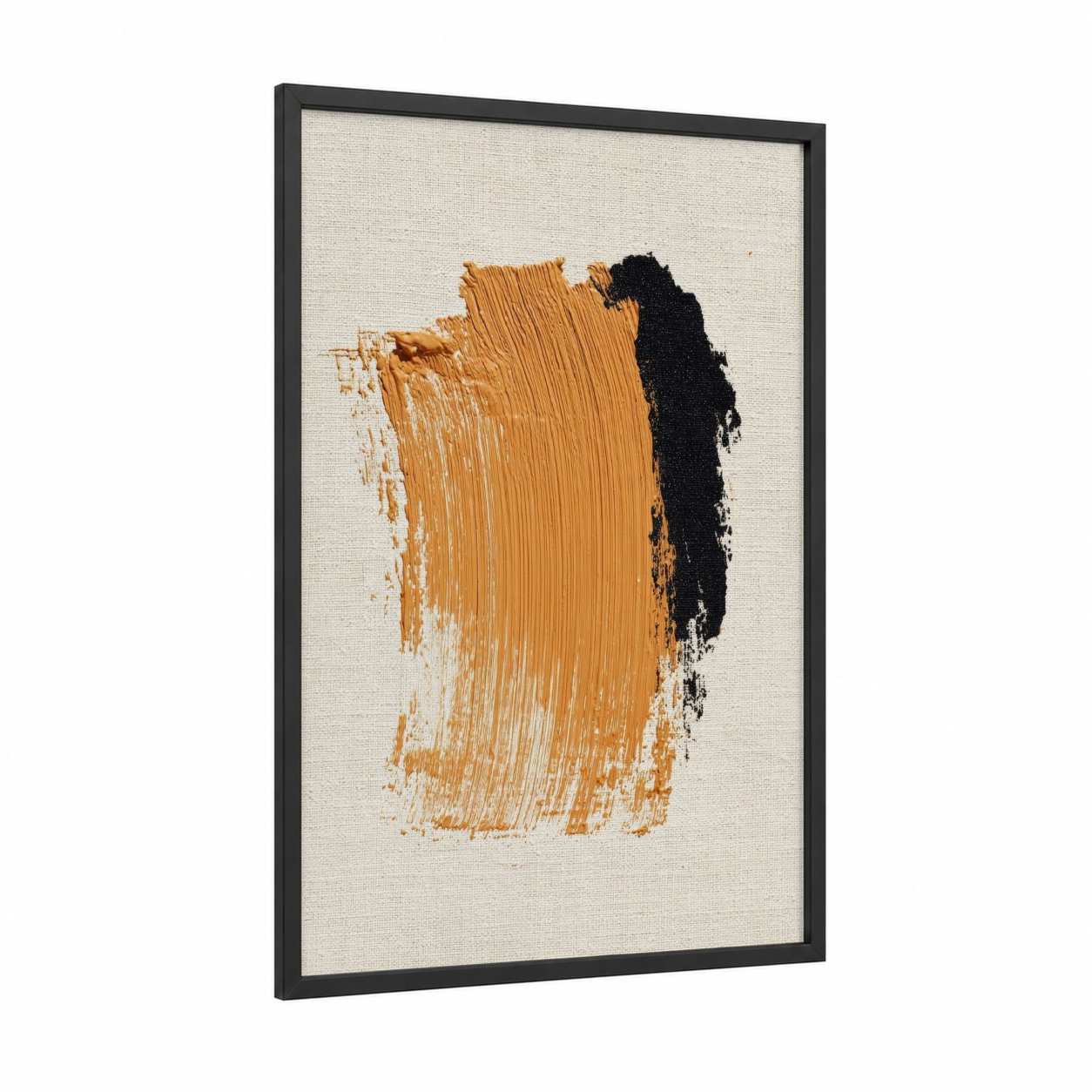 Ochre Gesture framed abstract minimalist print — black wood frame — yellow gold and black palette