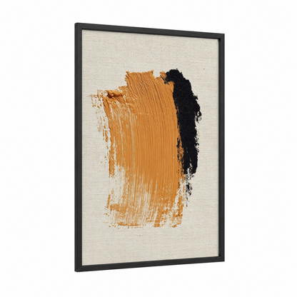 Ochre Gesture framed abstract minimalist print — black wood frame — yellow gold and black palette