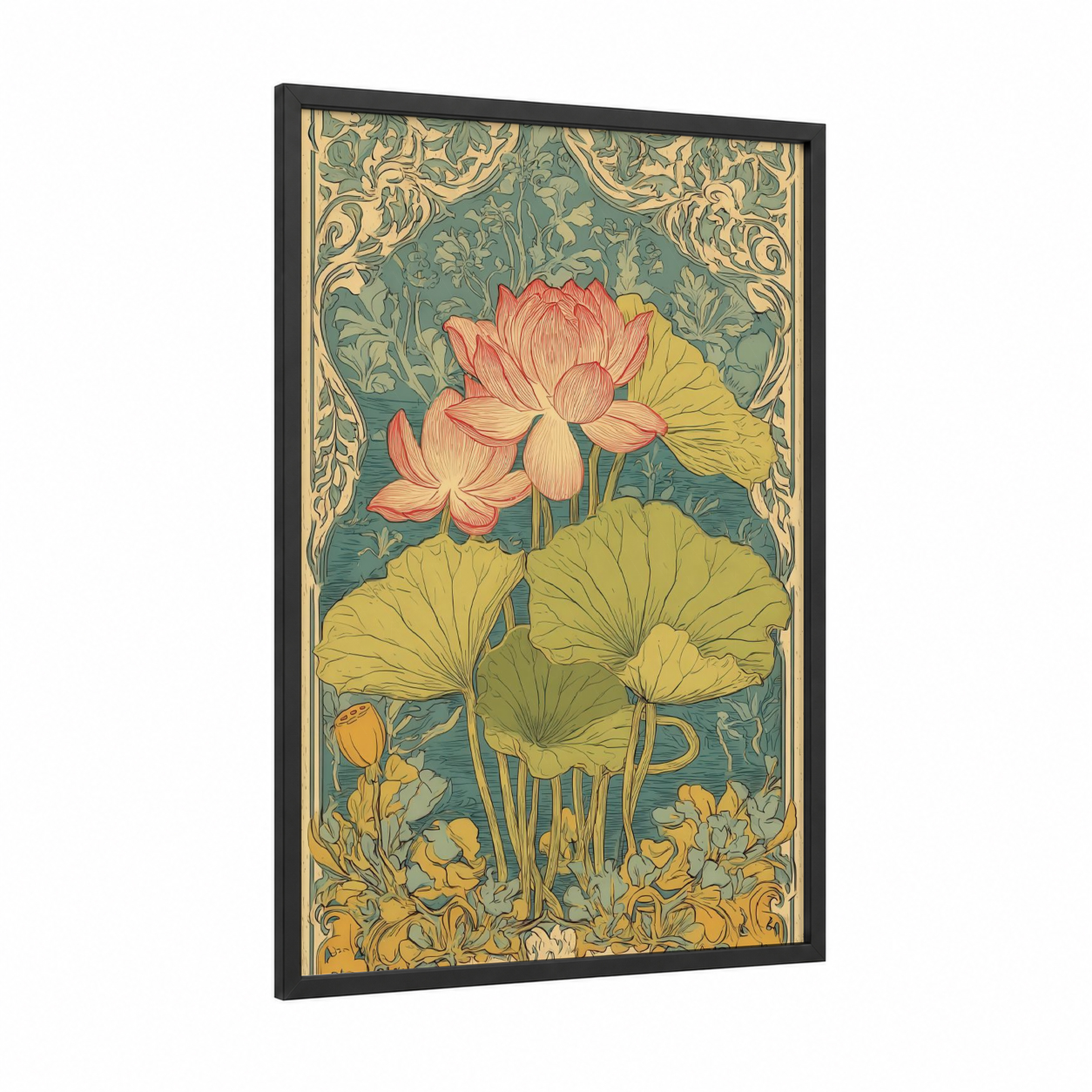 Coral Lotus framed art print — black wood frame — gold and teal palette