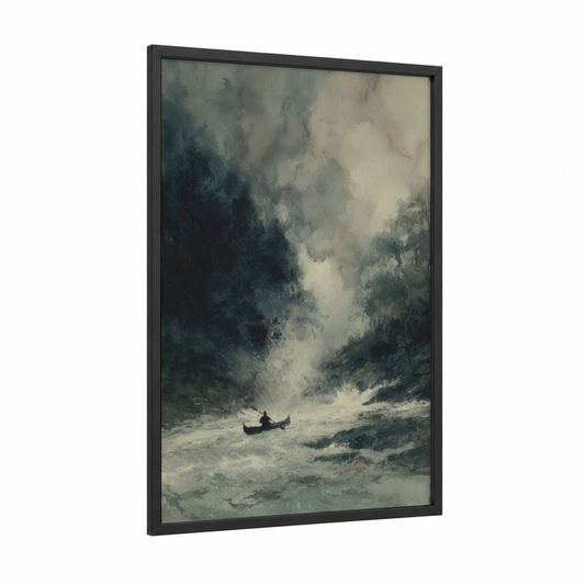 Misty River Passage framed kayaks and canoes print — black wood frame — gray and dove gray palette