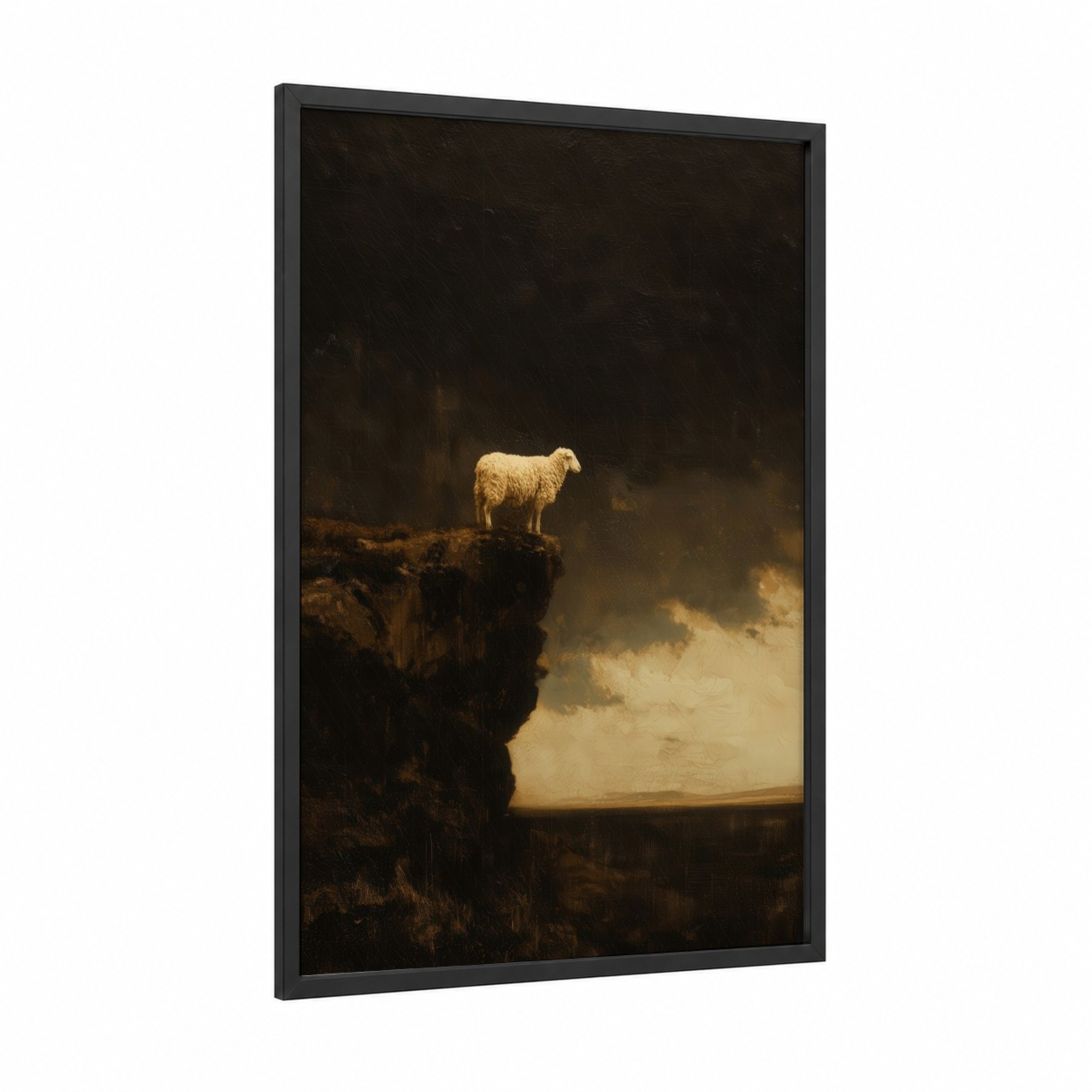 Cliff Sheep framed art print — black wood frame — black and gold and brown palette